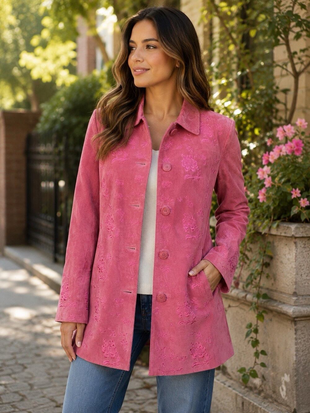 Bernardo Women’s Leather Suede Jacket Size S Pink Floral Embroidery 90s Vintage